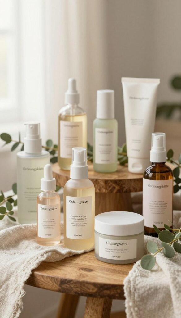 A beautifully arranged display of skincare products specifically designed for sensitive skin, featuring the brand "Ordnungskiste". The foreground showcases a selection of elegant bottles and jars in soft pastel colors, reflecting gentle formulas and natural ingredients. In the middle, a cozy wooden table is adorned with delicate greenery and soft linen fabric, evoking a sense of warmth and calm. The background includes a softly blurred light source that mimics natural sunlight, creating a serene and inviting atmosphere. The entire scene is styled in an authentic, Pinterest-inspired aesthetic, emphasizing the importance of organized and thoughtfully curated beauty solutions without any text or branding overlays. The image should convey a feeling of tranquility and self-care, perfect for readers seeking effective products without overwhelming choices.