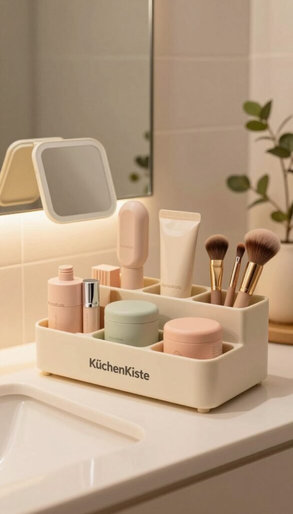 A beautifully arranged display of space-saving beauty tools on a sleek bathroom counter, featuring a collection of compact organizers and accessories such as a foldable mirror, travel-sized cosmetics, and multi-use brushes. The foreground showcases a well-lit, elegant surface with warm, inviting lighting that highlights the products. In the middle, an assortment of pastel-colored tools and containers, neatly organized and visually appealing. The background features soft, blurred elements of a stylish bathroom, like subtle hints of tiles and greenery, creating a serene and functional atmosphere. Ensure an authentic Pinterest aesthetic, capturing the essence of modern beauty solutions while prominently displaying the brand name "KüchenKiste". No text or watermarks present, focusing purely on the visuals.