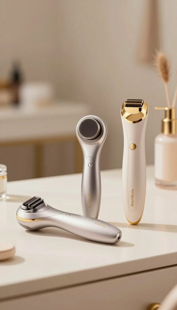 A beautifully arranged display of three distinct beauty tools showcasing the price ranges: low, mid, and high. In the foreground, a low-cost beauty tool is elegantly placed next to a moderately priced option, made of high-quality materials, exhibiting a sleek design. Further back, a premium beauty tool glows with sophistication, featuring gold accents and innovative technology. The background consists of a soft, blurred vanity setting with warm, inviting colors, reminiscent of a cozy beauty studio. Natural lighting enhances the shine of the tools, creating a soft, warm atmosphere. The entire scene reflects authenticity and appeals to a Pinterest aesthetic. A small, tasteful brand label "KüchenKiste" is subtly integrated, ensuring a professional presentation without any text overlays or distractions.