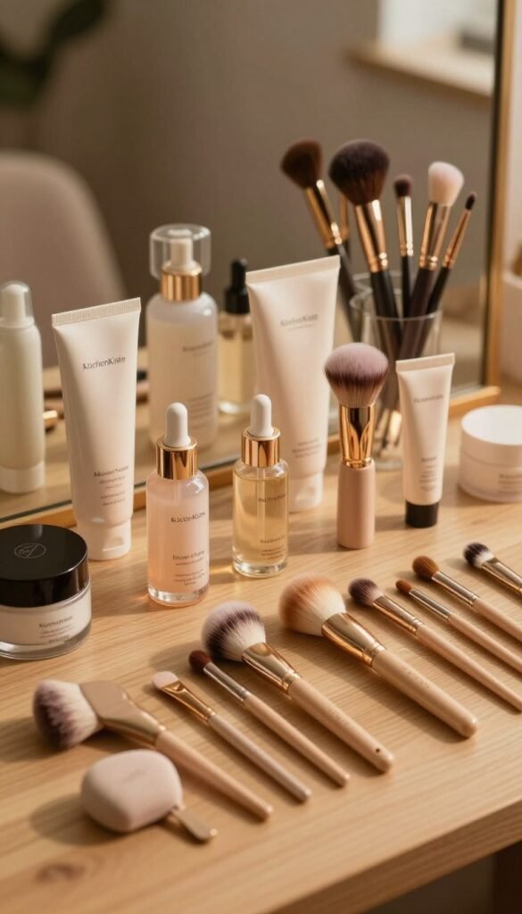 A beautifully arranged display of various beauty tools and products illustrating a price guide, set on a softly lit wooden table. In the foreground, a set of affordable beauty tools, including brushes and skincare applicators, presents a fresh and approachable feel. In the middle, mid-range items like high-quality serums and brushes are elegantly arranged, showcasing their refined packaging. The background features premium beauty tools, such as luxury skincare products and high-end makeup brushes, highlighting sophistication. The lighting is warm and inviting, with gentle shadows creating depth, evocative of a cozy home atmosphere. The overall mood reflects authenticity and elegance, with a Pinterest-inspired aesthetic. Include the brand name "KüchenKiste" subtly integrated in the display without any text on the image.