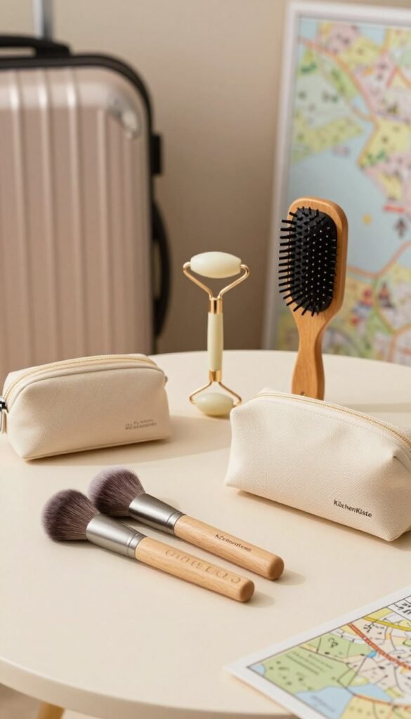 A beautifully arranged display of various travel beauty tools showcasing their size, material, and functionality. In the foreground, a compact, sleek travel size makeup brush set, made from eco-friendly materials, is elegantly laid out. Next to it, a small, stylish toiletry bag emphasizes the concept of travel-friendly size. In the middle, a delicate facial roller and a multifunctional hair tool highlight functionality and innovation. The background features soft, warm lighting that creates an inviting atmosphere, with a blurred out, cozy travel setting that includes a stylish suitcase and a map, evoking a sense of adventure. The overall mood is natural and authentic, embodying a Pinterest aesthetic. The brand name "KüchenKiste" subtly integrated into the scene.