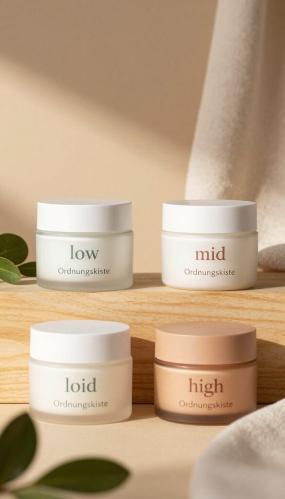 A beautifully arranged display showcasing three distinct product types for skincare: low, mid, and high price ranges, emphasizing moisturizing creams. In the foreground, highlight three elegant jars labeled subtly as "low", "mid", and "high" in tasteful colors reflecting their price tiers. The middle layer features a soft, warm backdrop with a wooden surface, evoking a cozy and inviting atmosphere. Include natural elements like green leaves and soft textiles to create a Pinterest-inspired aesthetic. The lighting should be warm and diffused, casting gentle shadows to enhance textures. The overall mood is serene and professional. Incorporate the brand name "Ordnungskiste" in an elegant, understated way, ensuring it harmonizes with the overall composition without distracting from the products.