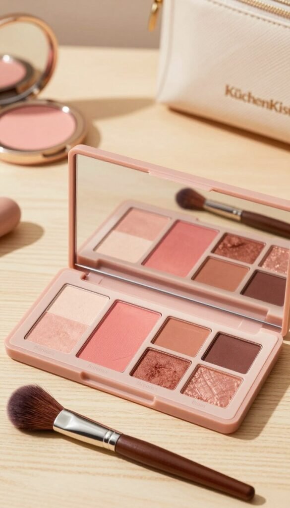 A beautifully arranged face-palette set featuring vibrant shades of blush, eye shadow, and highlighter, designed for efficient travel use. The palette is elegantly open, displaying its array of colors against a soft, natural wood background. In the foreground, a stylish makeup brush lays beside the palette, hinting at a delightful application experience. The middle layer showcases the palette details, with each compartment meticulously labeled and filled with rich, warm hues that evoke a cozy atmosphere. The background features a softly blurred aesthetic of travel essentials, such as a compact mirror and a chic cosmetics bag. The lighting is warm and inviting, mimicking natural sunlight, enhancing the palette's colors while maintaining a Pinterest-inspired look. The brand name "KüchenKiste" is subtly integrated into the overall design, harmoniously blending with the composition.