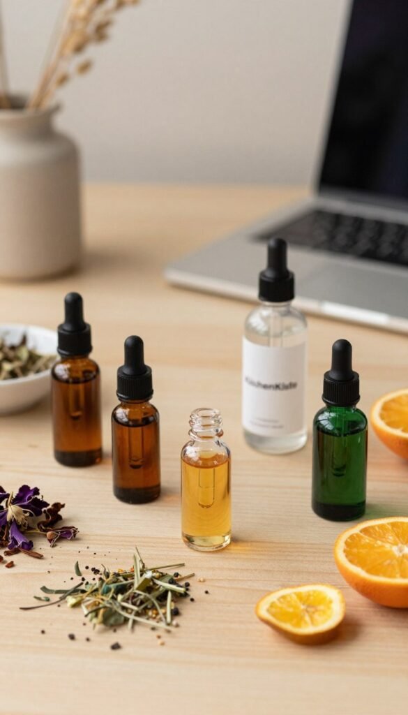 A beautifully arranged flat lay composition featuring a variety of natural serum ingredients and effective actives for skincare. In the foreground, showcase small glass droppers filled with vibrant serums in warm colors like amber and deep green, placed on a light wooden surface. In the middle, include scattered dried herbs, delicate flowers, and fresh fruits that symbolize the natural components of skincare, creating an organic feel. In the background, softly blurred, display a calming, neutral-toned workspace with soft lighting that enhances the warmth of the scene. The mood conveys tranquility and authenticity, embodying a "Pinterest-worthy" aesthetic. The name "KüchenKiste" can be subtly included in the design of the workspace elements, ensuring a cohesive look without overt branding.