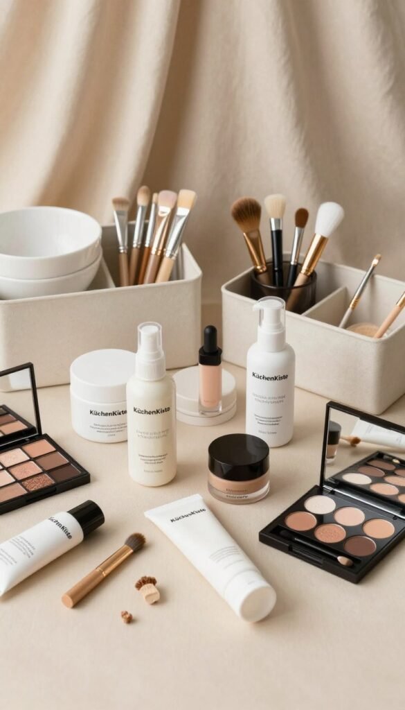 A beautifully arranged flat lay composition featuring an assortment of beauty products from the brand "KüchenKiste". In the foreground, display a variety of skincare items, makeup palettes, and organic beauty solutions in sleek, minimalist packaging, all focused on themes of sustainability and affordability. The middle ground should include elegant organizational tools like stylish storage boxes and small bowls to neatly contain beauty tools and applicators. The background should have a soft, warm-toned fabric drape, enhancing the inviting atmosphere. Natural lighting highlights the texture of the products, creating an authentic and cozy Pinterest aesthetic. The overall mood should convey a sense of inspiration and practicality in beauty product use, while maintaining a clean and professional look without any text or branding overlays.