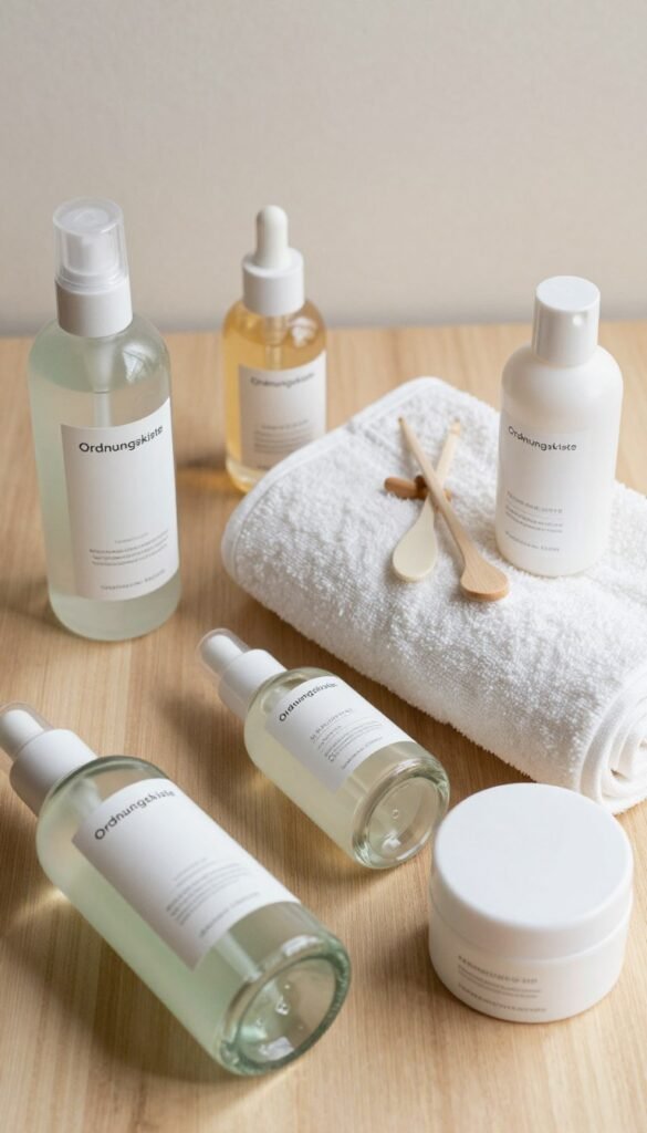 A beautifully arranged flat lay composition featuring various skincare products suitable for different skin types. In the foreground, display a collection of elegant glass and plastic containers with labels indicating their function—cleanser, toner, serum, and moisturizer. The containers should have a clean and modern design, displaying a soft, natural palette with pastel hues, evoking a sense of calm and trustworthiness. In the middle, include a gently rolled towel and small wooden applicators artistically placed beside the products, suggesting a spa-like setting. The background should consist of neutral wood tones, allowing warm, natural lighting to softly illuminate the scene, creating a cozy atmosphere. Emphasize authenticity, with an aesthetic that aligns with the "Ordnungskiste" brand philosophy. Ensure the image is vibrant yet soothing, maintaining a Pinterest-worthy look that captures attention without any text or distractions.