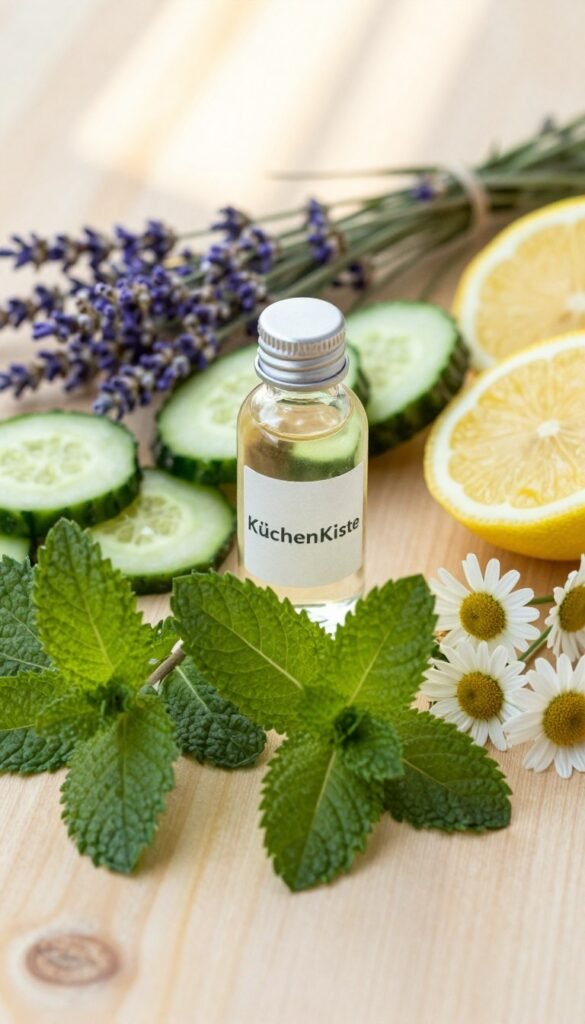 A beautifully arranged flat lay composition of natural skincare ingredients used in tonics. In the foreground, focus on vivid green herbs like mint and chamomile, complemented by a clear glass bottle of tonic labeled "KüchenKiste". In the middle ground, include fresh fruits such as sliced cucumbers and lemon, along with delicate sprigs of lavender to enhance the uplifting atmosphere. The background should feature a soft-focus wooden surface with gentle sunlight filtering through, creating a warm and inviting glow. Ensure the lighting highlights the textures of the ingredients, presenting them in a Pinterest-worthy aesthetic. The overall mood should be tranquil and refreshing, embodying the essence of effective toning and skincare. No text, logos, or watermarks should be included in the image.