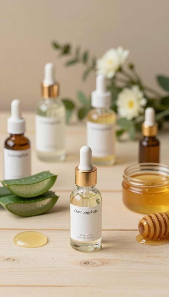 A beautifully arranged flat lay composition of skincare products, showcasing various natural ingredients like aloe vera, honey, and essential oils. The foreground features elegant, minimalist glass containers and dropper bottles with clean labels, reflecting the brand "Ordnungskiste". In the middle ground, a soft-focus area displays fresh flowers and greenery, adding a touch of nature. The background includes gentle, warm lighting that creates a cozy and inviting atmosphere, reminiscent of a spa environment. A light wooden surface enhances the image's warmth and authenticity. The overall mood is serene, inspiring a sense of calm and clarity in skincare routines, emphasizing the importance of understanding ingredients for effective skin health.