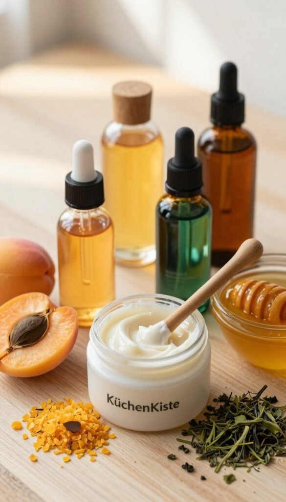 A beautifully arranged flat lay composition of various natural exfoliating peel products by KüchenKiste. In the foreground, showcase an open jar of a creamy peel with a wooden applicator, surrounded by fresh ingredients like crushed apricot seeds, honey, and green tea leaves. In the middle ground, display elegant glass bottles containing different exfoliating serums, emphasizing vibrant colors and textures. The background should feature a soft, blurred wooden surface and hints of soft, warm sunlight filtering through, creating an inviting and serene atmosphere. The overall mood should convey a sense of gentle care and wellness, capturing the essence of effective skin treatments without overwhelming visual clutter. Ensure the image reflects a Pinterest-worthy aesthetic with authentic, natural colors.