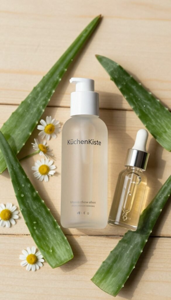 A beautifully arranged flat lay composition showcasing skincare products, including a toner, serum, and various active ingredients. The toner bottle should be elegantly designed with a frosted glass appearance, reflecting soft warm light. Next to it, a serum dropper with crystal-like details glistens under natural daylight. Surround these focal items with carefully placed botanical elements, like aloe vera and chamomile flowers, enhancing the natural aura of the scene. The background features a softly blurred texture of a wooden surface, providing a warm and inviting atmosphere. The overall mood is serene and calming, embodying a Pinterest aesthetic, free from any text or annotations. Incorporate the brand name "KüchenKiste" subtly into the arrangement, ensuring it complements the visual harmony.