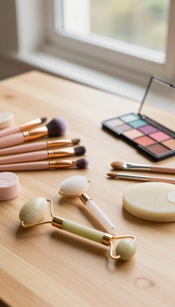A beautifully arranged flat lay composition showcasing various beauty tools on a light wooden table. In the foreground, there are sleek facial rollers, a gentle exfoliating brush, and stylish applicators, all neatly placed. The middle ground features a collection of high-quality eye makeup brushes and a vibrant palette, arranged artfully. In the background, soft natural light pours in through a large window, casting a warm glow on the scene, enhancing the serene and inviting atmosphere. The colors are warm and inviting, promoting an authentic Pinterest aesthetic. The brand name "KüchenKiste" is subtly integrated into the composition, represented by a tasteful product label. The overall mood is calming and organized, reflecting the theme of common pitfalls in beauty tool usage, portrayed without any text or distractions.