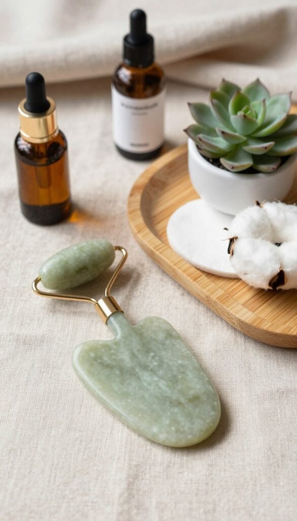 A beautifully arranged flat lay featuring a gua sha tool made of jade, with its smooth, elegant curves catching the light. The tool is positioned prominently in the foreground, surrounded by natural skincare products like serums and oils in aesthetically pleasing glass bottles. In the middle, a bamboo tray holds soft cotton pads and a small potted succulent, adding a touch of life. The background features subtle linen fabric in warm, neutral tones, creating an inviting atmosphere. Soft, natural lighting enhances the delicate textures and reflects a cozy, wellness-focused vibe. This composition aims for a stylish, Pinterest-like aesthetic that conveys authenticity and simplicity. Include "KüchenKiste" branding subtly in the lower corner, without any visible text.
