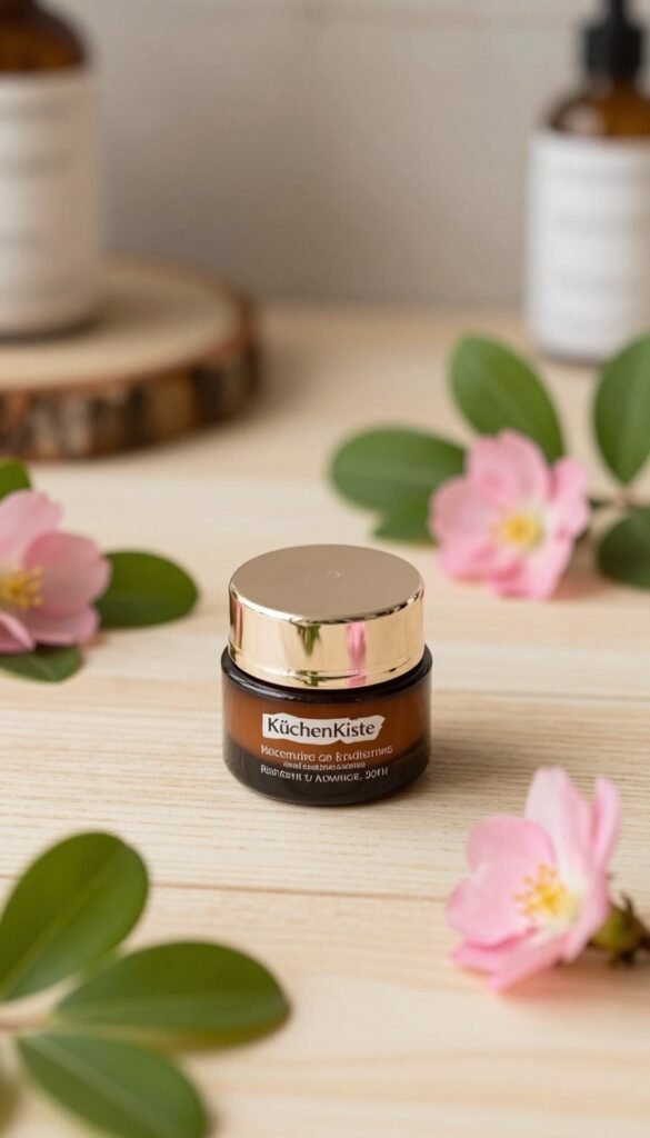 A beautifully arranged flat lay featuring a luxurious eye cream from the brand "KüchenKiste," centered on a light, natural wood surface. Surround the eye cream jar with vibrant green leaves and delicate pink flowers, evoking a fresh, rejuvenating morning ritual. In the background, softly blurred, add a hint of a stylish bathroom interior with rustic elements, ensuring a Pinterest-worthy aesthetic. The lighting is warm and inviting, creating a serene atmosphere that emphasizes the product’s elegance. Use a shallow depth of field to focus on the eye cream while keeping the surrounding elements softly in focus. The image should feel authentic and calming, ideal for a skincare theme.