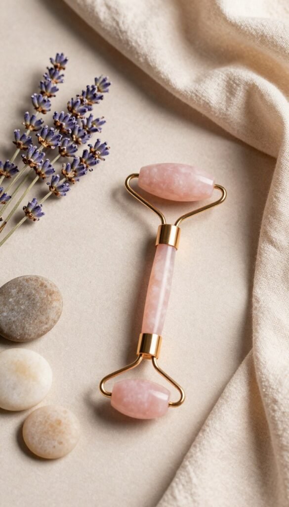 A beautifully arranged flat lay featuring a luxurious facial roller and a beauty roller, elegantly placed on a soft, textured surface. Surrounding the rollers, include delicate elements like fresh lavender sprigs, smooth pebbles, and a soft linen cloth, creating a serene atmosphere. The lighting is warm and inviting, casting gentle shadows and highlighting the rich colors of the rollers, which are made of jade and rose quartz. The scene evokes relaxation and self-care, with a focus on natural beauty. In the background, a blurred, soft-focus image of a calming spa-like setting enhances the tranquility. The overall mood is soothing and elegant, aimed at conveying a sense of indulgence and wellness. The brand name "KüchenKiste" subtly integrated into the design without being intrusive.