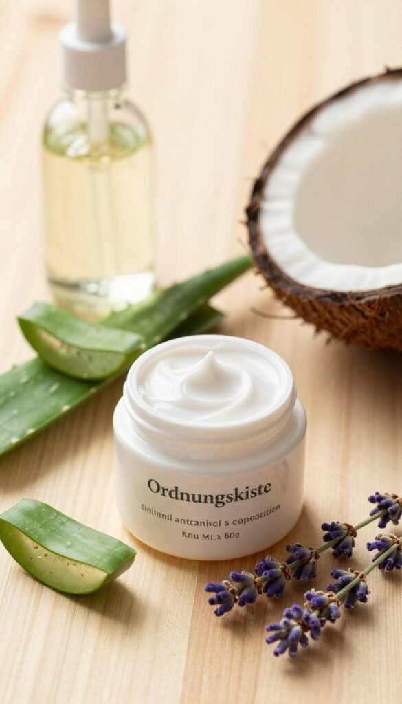 A beautifully arranged flat lay featuring a luxurious jar of "Ordnungskiste" moisturizer surrounded by fresh, natural ingredients like aloe vera, coconut oil, and lavender sprigs. In the foreground, the cream jar showcases its elegant design with a soft, matte finish. The middle ground includes scattered ingredients that evoke a sense of health and well-being. The background features a softly blurred wooden table, adding warmth and a rustic feel to the scene. The lighting is bright and warm, creating a cozy atmosphere reminiscent of a sunlit morning. The overall mood is inviting and serene, perfect for highlighting the importance of effective moisturizers in skincare.
