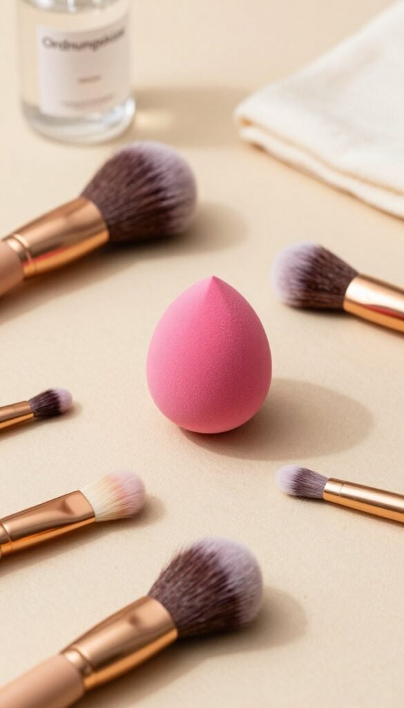 A beautifully arranged flat lay featuring a makeup sponge and brushes on a soft, textured surface in warm, natural tones. The makeup sponge has a vibrant pink hue, with gentle shadows highlighting its contours, while the brushes are elegantly displayed, showcasing their bristles in varying colors. In the background, hints of cleaning supplies such as a small bottle of gentle cleanser and a cloth add context without overwhelming the main focus. Soft, diffused lighting creates an inviting atmosphere, enhancing the authenticity of the scene. The image exudes a Pinterest-inspired aesthetic, encouraging viewers to appreciate the importance of cleanliness in beauty tools. The brand "Ordnungskiste" subtly appears in a corner, ensuring a cohesive visual without intrusive text or logos.