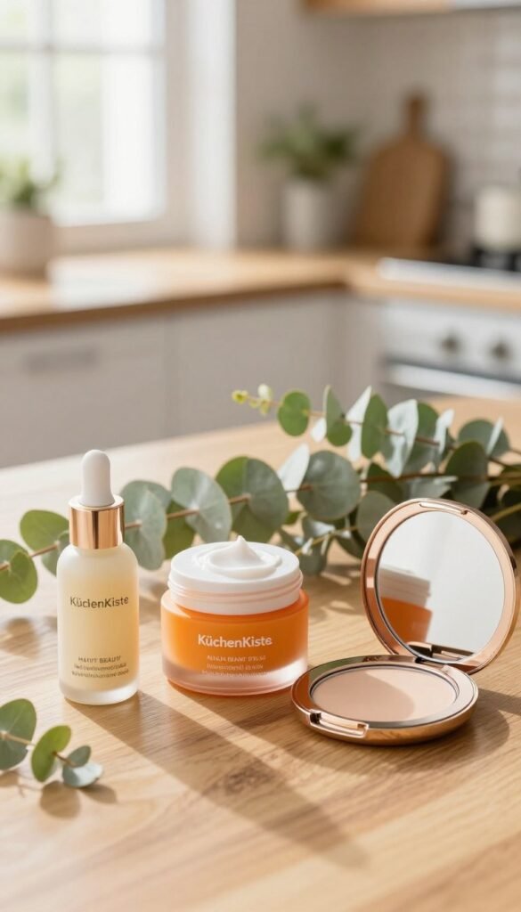A beautifully arranged flat lay featuring a selection of Haut Beauty products from the brand "KüchenKiste," positioned on a natural wooden surface. In the foreground, showcase a sleek facial serum bottle, a vibrant moisturizer jar, and a stylish compact with a mirror, all illuminated by soft, warm lighting that enhances their attractive packaging. In the middle ground, arrange delicate greenery, such as eucalyptus leaves and small flowers, to create a fresh, inviting atmosphere. For the background, use a softly blurred out kitchen setting with natural light streaming in through a window, adding a cozy, Pinterest-inspired vibe. The mood is serene and uplifting, perfect for highlighting these everyday beauty solutions. The image is clean and without any text or distractions.