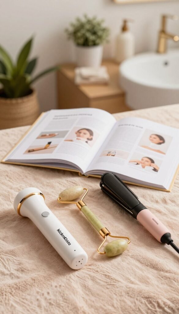 A beautifully arranged flat lay featuring a selection of beauty devices from the brand "KüchenKiste". In the foreground, highlight a skincare device, a facial roller, and a hair straightener, displayed on a soft, textured fabric in warm pastel colors. The middle layer should include an open guidebook on safe usage, slightly crumpled to suggest practicality. Behind, softly blurred, a cozy, well-lit bathroom or vanity area can be seen, adorned with potted plants and elegant accessories. The light should be natural and warm, creating an inviting atmosphere. The overall mood is authentic and calming, embodying a Pinterest-inspired aesthetic with harmonious colors and a sense of everyday beauty care. No text or logos should be included in the image. A beautifully arranged flat lay featuring a selection of beauty devices from the brand "KüchenKiste". In the foreground, highlight a skincare device, a facial roller, and a hair straightener, displayed on a soft, textured fabric in warm pastel colors. The middle layer should include an open guidebook on safe usage, slightly crumpled to suggest practicality. Behind, softly blurred, a cozy, well-lit bathroom or vanity area can be seen, adorned with potted plants and elegant accessories. The light should be natural and warm, creating an inviting atmosphere. The overall mood is authentic and calming, embodying a Pinterest-inspired aesthetic with harmonious colors and a sense of everyday beauty care. No text or logos should be included in the image.