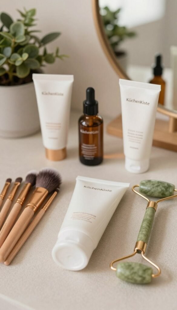 A beautifully arranged flat lay featuring a selection of essential beauty tools for beginners. In the foreground, place a high-quality makeup brush set, a gentle facial cleanser, and a sleek jade roller, all artfully positioned on a soft, textured backdrop. The middle layer showcases a few essential skincare products, including a moisturizer, serum, and sunscreen, their elegant bottles slightly tilted to create visual interest. In the background, softly blurred plants and a warm-toned mirror reflect natural light, creating a serene and inviting atmosphere. The color palette features warm, earthy tones reminiscent of a cozy beauty studio. The scene should embody a Pinterest-inspired aesthetic, appealing and authentic. No text or logos other than the subtle brand name "KüchenKiste" elegantly integrated into the design, emphasizing quality and elegance without overpowering the visual harmony. A beautifully arranged flat lay featuring a selection of essential beauty tools for beginners. In the foreground, place a high-quality makeup brush set, a gentle facial cleanser, and a sleek jade roller, all artfully positioned on a soft, textured backdrop. The middle layer showcases a few essential skincare products, including a moisturizer, serum, and sunscreen, their elegant bottles slightly tilted to create visual interest. In the background, softly blurred plants and a warm-toned mirror reflect natural light, creating a serene and inviting atmosphere. The color palette features warm, earthy tones reminiscent of a cozy beauty studio. The scene should embody a Pinterest-inspired aesthetic, appealing and authentic. No text or logos other than the subtle brand name "KüchenKiste" elegantly integrated into the design, emphasizing quality and elegance without overpowering the visual harmony.