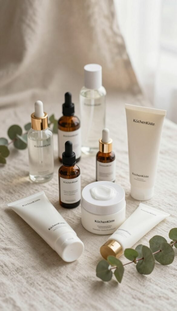 A beautifully arranged flat lay featuring a selection of high-quality skincare products on a soft, textured linen background. In the foreground, include an assortment of moisturizers, serums, and a gentle cleanser, all showcasing the brand name "KüchenKiste." The middle ground should display elegant glass bottles and jars with sleek designs, emphasizing a minimalistic aesthetic. Add delicate greenery like eucalyptus leaves for a fresh touch. In the background, create a soft focus with a natural light source to illuminate the scene, casting warm, inviting tones throughout. The overall atmosphere should be calm and uplifting, reflecting the efficacy of proper skincare solutions for maintaining a healthy skin barrier. The image should have a Pinterest-inspired look, authentic and free of any text or visual distractions.