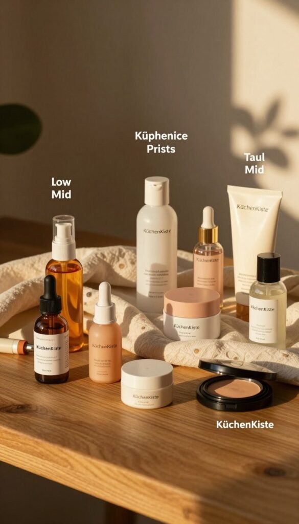 A beautifully arranged flat lay featuring a variety of beauty products classified into three categories: low, mid, and high price ranges. In the foreground, showcase an elegant wooden table with natural textures. Place vibrant skincare bottles and makeup containers of varying sizes, highlighted in warm tones, conveying a Pinterest aesthetic. The middle layer includes a soft, textured fabric draped subtly, enhancing the aesthetic and creating depth. In the background, a softly blurred display of plants or abstract art adds a natural ambiance without distraction. The lighting is warm and inviting, mimicking golden hour, casting gentle shadows that emphasize the products. Ensure the image conveys a mood of authenticity and accessibility, with a sense of sophistication. Include the brand name "KüchenKiste" subtly integrated into the arrangement without text overlays.