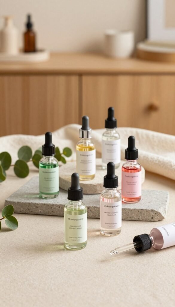 A beautifully arranged flat lay featuring a variety of skincare serums, emphasizing the theme of effective selection of active ingredients. In the foreground, elegant glass dropper bottles filled with colorful serums, showcasing shades of green, pink, and clear. The middle layer includes natural elements like fresh plant leaves and soft, neutral textiles that create a cozy atmosphere. In the background, a blurred, softly lit scene of a modern beauty workspace with warm wood and stone textures. The image should exude a serene and inviting mood, reflecting a Pinterest-inspired aesthetic. Warm lighting highlights the textures and colors, while maintaining a clean and organized look. Incorporate the brand name "Ordnungskiste" subtly within the design elements, ensuring it is incorporated in a way that feels authentic and organic to the scene.