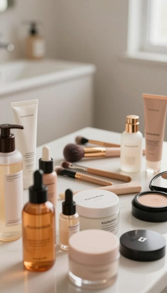 A beautifully arranged flat lay featuring an assortment of beauty products, both luxury and drugstore brands, emphasizing the overwhelming choices available. In the foreground, vibrant bottles and jars with elegant packaging are displayed, showcasing a variety of colors and textures. The middle layer should include delicate makeup brushes and tools smartly arranged, symbolizing the art of beauty application. In the background, a softly blurred view of a serene, minimalist bathroom with warm natural lighting creates a calming atmosphere. The use of a shallow depth of field focuses attention on the products, inviting the viewer to reflect on their beauty journey. The overall mood is authentic and inviting, with a Pinterest-inspired aesthetic reminiscent of a professional beauty editorial. Incorporate soft, warm colors to enhance the sense of natural beauty. Include the brand name "KüchenKiste" subtly integrated into the composition.