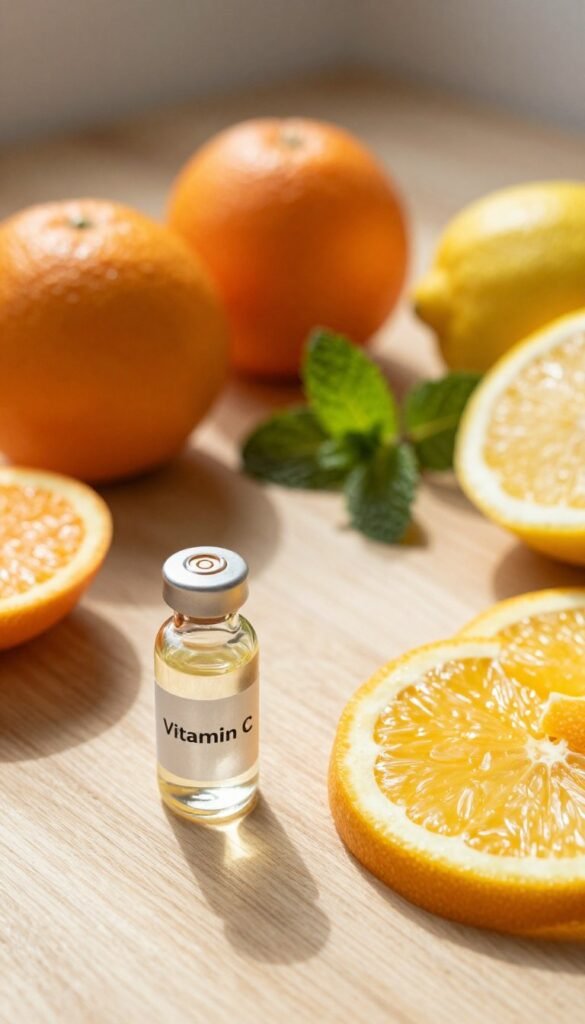 A beautifully arranged flat lay featuring fresh oranges and lemons, their vibrant peels glistening under soft, natural sunlight. In the foreground, a small glass vial filled with clear liquid labeled "Vitamin C" rests next to slices of citrus fruit. The middle ground includes delicate greenery, like mint leaves, enhancing the freshness of the scene. The background is softly blurred, showcasing a wooden countertop with gentle textures. The overall atmosphere feels warm and inviting, with a Pinterest-inspired aesthetic that captures the essence of morning skincare routines. This image is brimming with authenticity and simplicity, channeling wellness and vitality, while subtly incorporating the brand name "KüchenKiste" through an elegant, unobtrusive design element. A beautifully arranged flat lay featuring fresh oranges and lemons, their vibrant peels glistening under soft, natural sunlight. In the foreground, a small glass vial filled with clear liquid labeled "Vitamin C" rests next to slices of citrus fruit. The middle ground includes delicate greenery, like mint leaves, enhancing the freshness of the scene. The background is softly blurred, showcasing a wooden countertop with gentle textures. The overall atmosphere feels warm and inviting, with a Pinterest-inspired aesthetic that captures the essence of morning skincare routines. This image is brimming with authenticity and simplicity, channeling wellness and vitality, while subtly incorporating the brand name "KüchenKiste" through an elegant, unobtrusive design element.