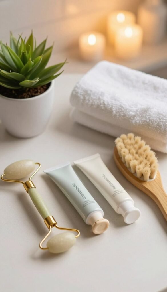 A beautifully arranged flat lay featuring various beauty tools dedicated to body, hand, and overall skincare. In the foreground, showcase a sleek set from the brand "Ordnungskiste," including a facial roller, a hand cream, and a bamboo body brush, all in soft pastel colors. The middle ground can depict gentle textures like a plush towel and a small potted plant, adding a touch of greenery. In the background, softly blurred warm lighting creates a cozy atmosphere, reminiscent of a well-lit spa. The overall mood should be inviting and serene, with a focus on authenticity and natural beauty, capturing the essence of self-care without any text or overt branding.