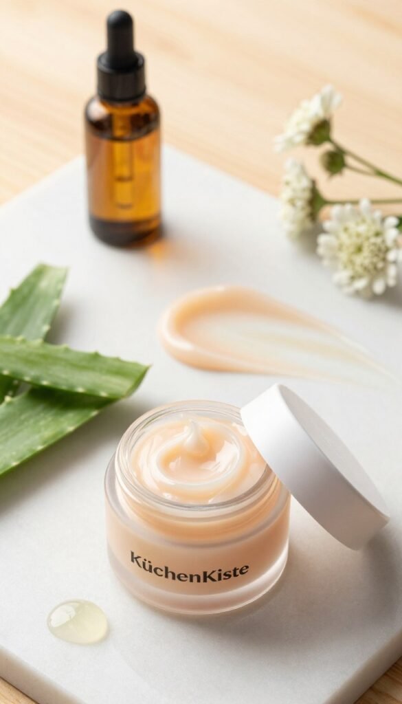 A beautifully arranged flat lay image featuring a creamy gel skincare product branded "KüchenKiste". In the foreground, focus on an elegant, clear jar of gel cream, partially open to reveal its smooth texture, illuminated by soft, natural lighting. Surround the jar with fresh ingredients like aloe vera leaves, a few drops of essential oils, and delicate flowers. In the middle, place luxurious cream swirls on a minimalist marble surface, subtly reflecting warm hues of peach and beige. The background should consist of a softly blurred wooden surface, adding warmth and a cozy feel to the image. The overall atmosphere should evoke a sense of tranquility and beauty, perfect for exploring different skincare textures.