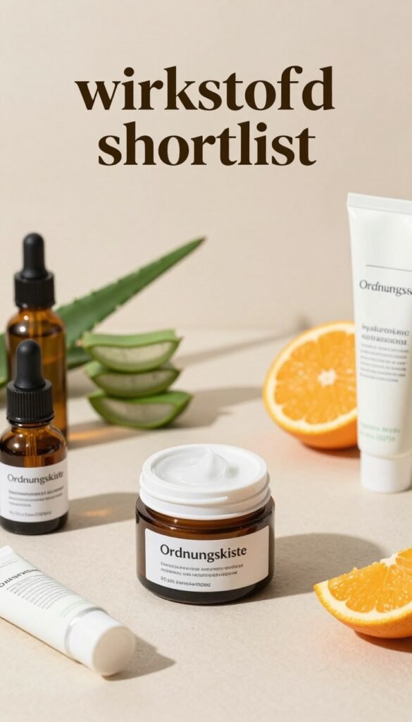 A beautifully arranged flat lay image featuring a selection of skin care products representative of a 'wirkstoff shortlist.' In the foreground, showcase a variety of neatly placed jars and tubes with elegant labels visible, including one prominently displaying the brand name "Ordnungskiste." In the middle ground, include natural ingredients like aloe vera, hyaluronic acid, and vitamin C, artistically scattered around the products. The background should consist of a subtle, textured surface that complements the colors of the products, enhanced by soft, warm lighting that casts gentle shadows, creating a cozy, inviting atmosphere. The overall mood is professional yet approachable, evoking a sense of discovery and knowledge for skincare beginners.