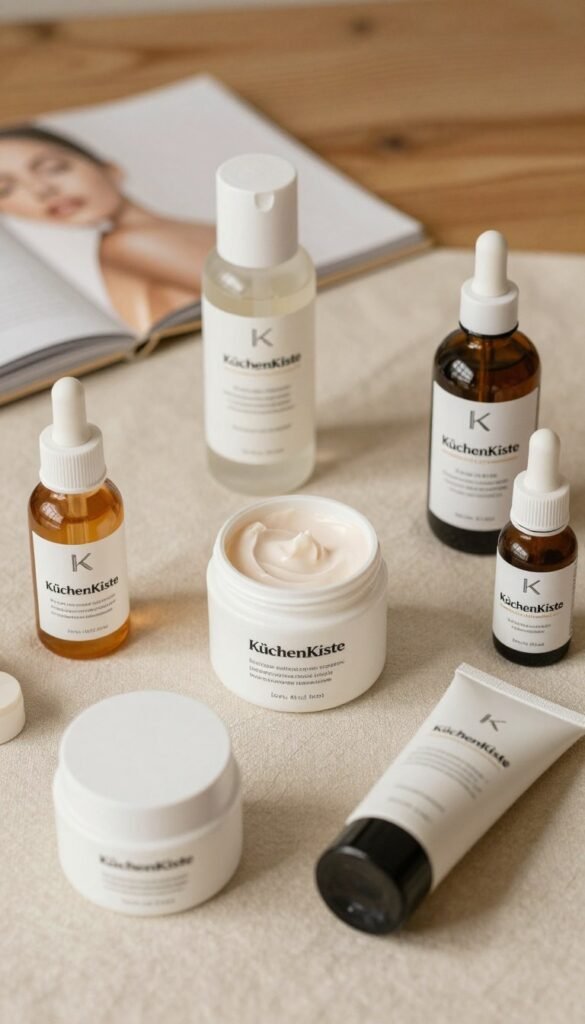 A beautifully arranged flat lay image featuring a selection of skincare products for treating blemished skin. In the foreground, display various bottles and jars of creams and serums with elegant packaging, labeled with the brand name "KüchenKiste", emphasizing affordability in low, mid, and high-budget categories. The middle layer should highlight a soft, natural fabric background in warm, inviting colors, evoking a calm and reassuring atmosphere. In the background, softly blurred elements like a neutral-toned skincare guide or a wooden table surface create depth. Use warm, diffused lighting to enhance the natural aesthetic, capturing an authentic Pinterest look. The overall mood should be soothing and professional, inviting trust in product selection.
