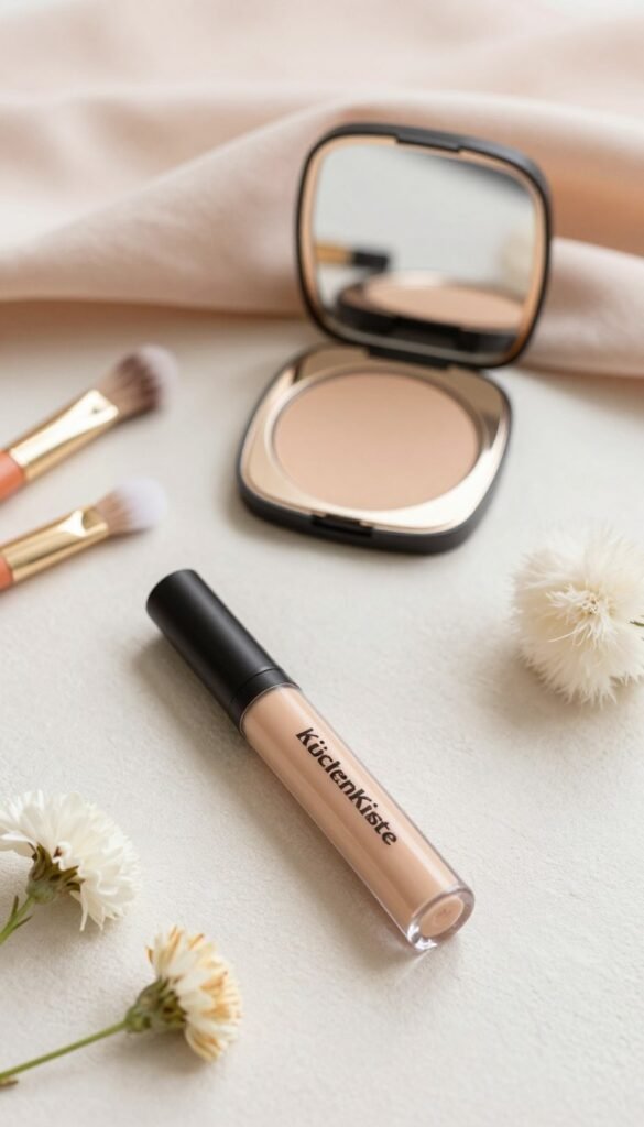 A beautifully arranged flat lay image featuring a travel-sized concealer by KüchenKiste, elegantly placed on a soft, textured surface. In the foreground, the concealer tube is slightly angled, with its cap off, revealing the applicator. Surrounding it, there's a delicate scattering of natural beauty elements like soft brushes, small puffs, and a few fresh flowers, creating a warm and inviting atmosphere. In the middle ground, a stylish compact mirror reflects gentle, diffused lighting, enhancing the warmth of the scene. The background features a blurred soft pastel fabric, adding depth without distraction. The mood is fresh and relaxed, ideal for conveying the convenience of beauty tools for travel, with a Pinterest-inspired aesthetic and a focus on authenticity.