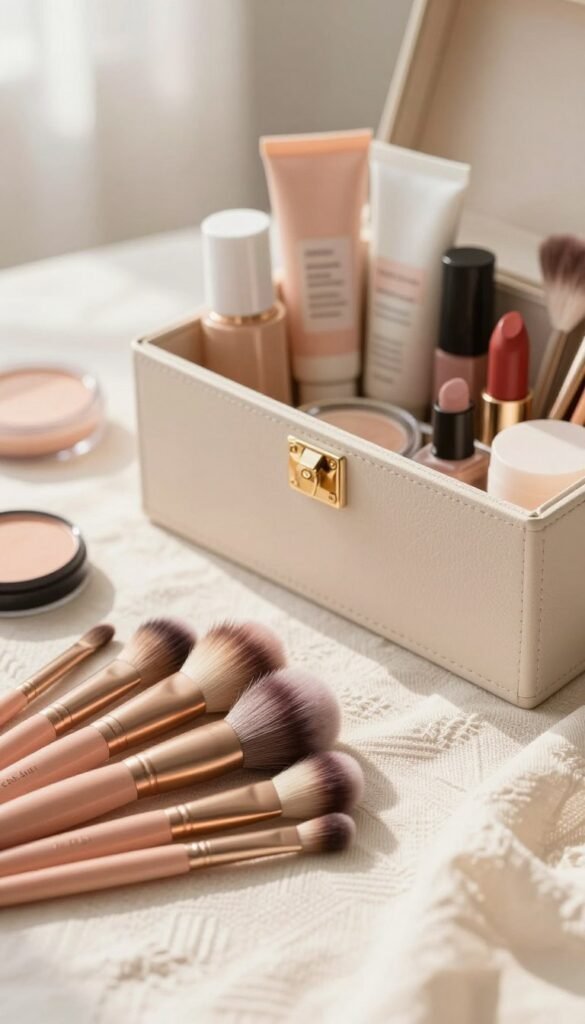 A beautifully arranged flat lay image featuring a variety of make-up brushes, skincare tools, and beauty products, all neatly placed in an elegant Ordnungskiste storage box. In the foreground, focus on a set of high-quality, colorful makeup brushes with soft bristles, gently resting on a light, textured fabric. In the middle, showcase different beauty products, including skincare tubes and lipsticks, artfully organized beside the box. The background should feature a soft, blurred surface that enhances the warm, natural color palette, evoking a cozy and inviting atmosphere. The lighting should be soft and warm, emulating natural sunlight filtering through a window, creating gentle highlights and shadows. The overall mood should be fresh, sophisticated, and aesthetically pleasing, with no text or watermarks.