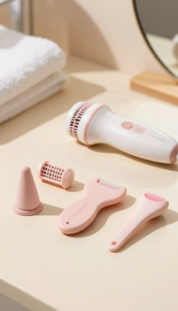 A beautifully arranged flat lay image featuring various hair removal device attachments collected from the brand "Ordnungskiste". In the foreground, showcase sleek, modern attachments made of high-quality materials, highlighting different shapes and sizes, including a precision head, a wider body for larger areas, and a gentle exfoliating head. The middle ground should incorporate a subtle display of a hair removal device itself, positioned elegantly to emphasize its ergonomic design. In the background, a soft, blurred aesthetic in warm, natural tones creates an inviting atmosphere, with a hint of a bathroom setting suggested by soft towels or a mirror edge. The lighting should be bright yet warm, mimicking natural sunlight, bringing a cozy and practical feel to the scene. The overall mood is professional, clean, and suitable for an informative article.