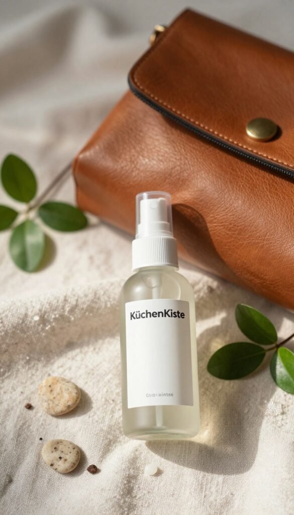 A beautifully arranged flat lay image of a travel-sized facial spray bottle labeled "KüchenKiste", prominently placed in the foreground. The bottle sits elegantly on a soft, textured fabric, evoking a sense of luxury. Surrounding it, delicate elements like fresh green leaves and small pebbles add a touch of nature. In the middle background, a stylish leather travel pouch subtly hints at travel convenience, while a defocused soft sunlight filters through, casting warm tones across the scene. The overall mood is calm and refreshing, inviting the viewer to imagine the revitalizing experience of using this hydrating spray on the go. The composition should reflect a Pinterest-worthy aesthetic, combining natural colors with an emphasis on travel comfort and beauty.