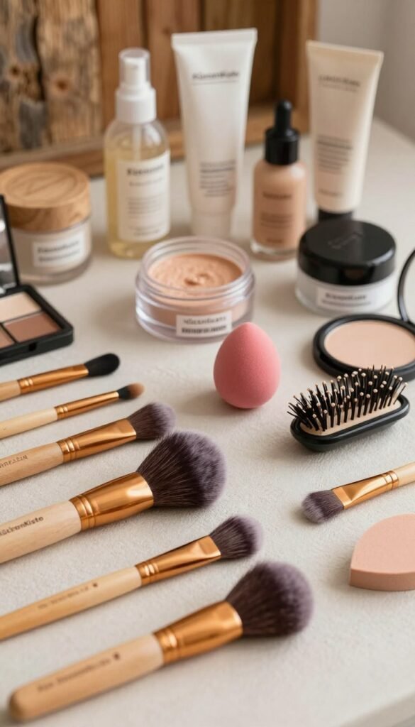 A beautifully arranged flat lay image showcasing a curated set of budget beauty tools related to face makeup, hair care, and hygiene. The foreground features a selection of high-quality brushes, sponges, and hair accessories placed artistically on a soft, textured surface. The middle layer highlights natural skincare products and makeup containers, featuring clear labels and warm color tones. In the background, a subtle hint of a rustic wooden setting enhances the ambience, with soft natural lighting that creates a warm and inviting feel. The brand name "KüchenKiste" is discreetly included on one of the beauty tools. The overall mood is one of authenticity and practicality, suitable for an aesthetically pleasing Pinterest-inspired look. Ensure the image is free of text overlays or any watermarks. A beautifully arranged flat lay image showcasing a curated set of budget beauty tools related to face makeup, hair care, and hygiene. The foreground features a selection of high-quality brushes, sponges, and hair accessories placed artistically on a soft, textured surface. The middle layer highlights natural skincare products and makeup containers, featuring clear labels and warm color tones. In the background, a subtle hint of a rustic wooden setting enhances the ambience, with soft natural lighting that creates a warm and inviting feel. The brand name "KüchenKiste" is discreetly included on one of the beauty tools. The overall mood is one of authenticity and practicality, suitable for an aesthetically pleasing Pinterest-inspired look. Ensure the image is free of text overlays or any watermarks.