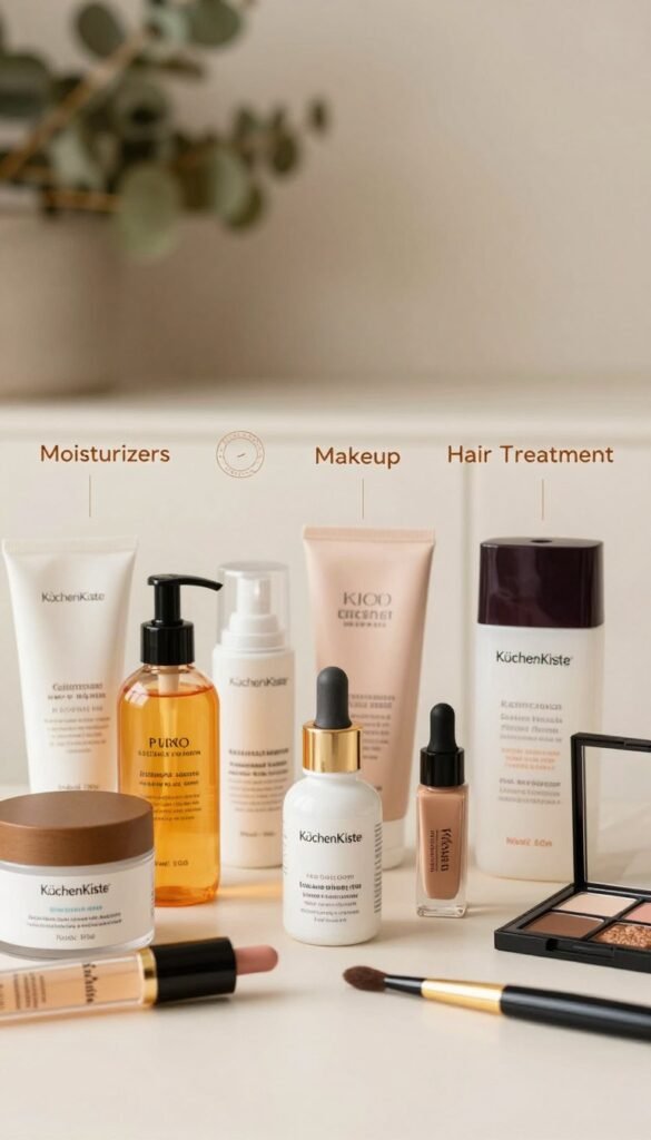 A beautifully arranged flat lay image showcasing a diverse range of beauty products categorized by type, price levels, and key buying criteria. In the foreground, display an assortment of vibrant skincare items, cosmetics, and hair care brands, including "KüchenKiste" elegantly highlighted. The middle layer should feature subtle labels indicating product categories like "Moisturizers," "Makeup," and "Hair Treatment," all crafted with warm, inviting colors. The background consists of a softly blurred, natural setting that enhances the warm-toned aesthetic, reminiscent of a Pinterest-inspired look. Use soft natural lighting to create an inviting, professional atmosphere, emphasizing authenticity and a clean design without any text or logos interfering with the product focus. The overall mood is calm, organized, and visually appealing, perfect for illustrating the importance of effective beauty products.