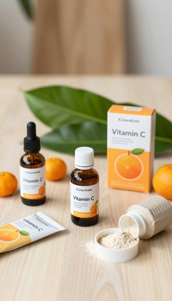 A beautifully arranged flat lay image showcasing a variety of Vitamin C products, emphasizing the importance of proper packaging to prevent oxidation. In the foreground, there are stylish amber glass bottles, vitamin C serum in creative, eco-friendly packaging, and an open container of powdered Vitamin C, all set against a soft, light wood background. The middle section features lush green leaves and small citrus fruits, symbolizing freshness and vitality. The background is softly blurred with warm, natural lighting, creating a cozy atmosphere. The overall color palette includes warm oranges, greens, and neutral tones, reflecting a Pinterest-inspired aesthetic. The branding "KüchenKiste" subtly integrated into the scene without any text overlay.