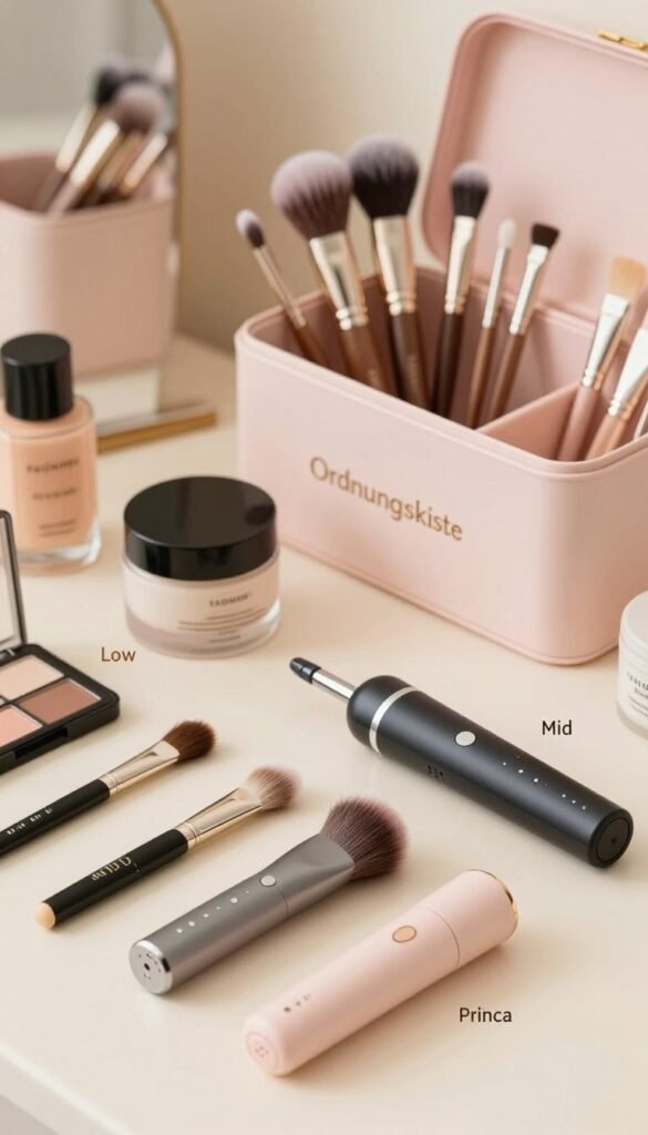 A beautifully arranged flat lay image showcasing a variety of beauty tools categorized into low, mid, and high price ranges. In the foreground, place sleek, modern beauty devices with distinct price labels subtly included through visual cues. The middle ground features elegant storage boxes labeled "Ordnungskiste," containing high-quality brushes and skincare tools. The background should blur slightly, presenting warm, inviting pastel colors that evoke a Pinterest aesthetic, enhancing the overall ambiance. Soft, natural lighting should illuminate the scene, creating a cozy and professional atmosphere. The composition balances authenticity and aesthetic appeal, making it ideal to reflect the theme of investment in beauty tools without any text or branding distractions.