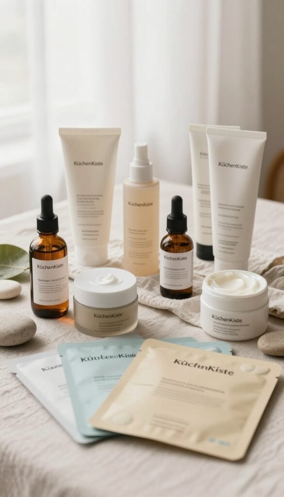 A beautifully arranged flat lay image showcasing diverse skincare products, emphasizing simplicity and harmony. In the foreground, display a variety of products like moisturizers, serums, and masks from the brand "KüchenKiste," with a warm color palette that reflects natural ingredients. The middle layer should feature a soft, textured cloth, along with a few natural elements like leaves and stones to evoke a calming atmosphere. In the background, have soft-focus light filtering through sheer curtains, creating an inviting, airy ambiance. The composition should exude an organized yet relaxed feel, perfect for illustrating a modern skincare routine that integrates seamlessly into daily life. Use a shallow depth of field to highlight the products while keeping the background softly blurred, ensuring the overall mood is serene and approachable.
