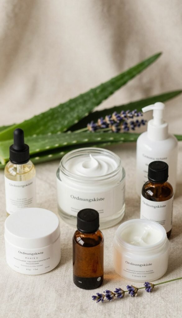 A beautifully arranged flat lay image showcasing layering ingredients for skincare, emphasizing the importance of application order. In the foreground, display various skincare products like serums, moisturizers, and oils in elegant glass or ceramic containers, with the brand name "Ordnungskiste" subtly visible. In the middle ground, incorporate fresh botanical elements like aloe vera leaves and lavender sprigs, symbolizing natural ingredients. The background should feature a soft, textured fabric in warm tones, adding a cozy atmosphere. Use natural lighting to create gentle highlights and shadows, enhancing the textures and colors of the products. The scene should evoke a serene and organized vibe, reminiscent of a Pinterest aesthetic, focusing on authenticity without any written elements or distractions.