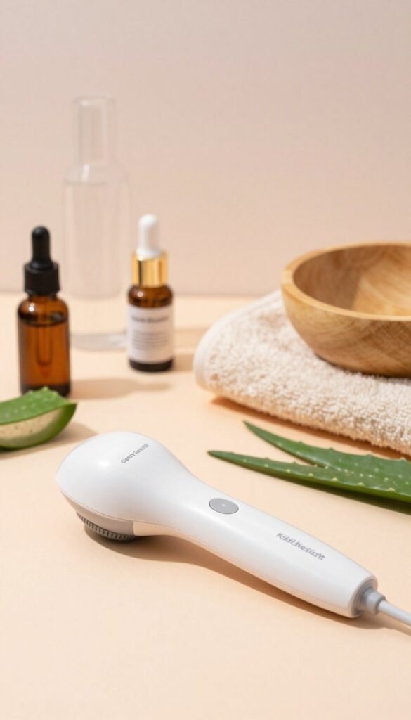 A beautifully arranged flat lay image showcasing the "Gerät Gesicht" beauty tool by KüchenKiste. In the foreground, place the sleek, modern device prominently, highlighting its ergonomic design and multifunctional features, such as gentle exfoliation and hydration capabilities. Surround the tool with natural beauty ingredients like aloe vera leaves and essential oils in elegant, minimalist bottles. In the middle ground, include soft-focus elements like a luxurious towel and bamboo bowl, suggesting a spa atmosphere. The background should feature a soft pastel-colored wall with ambient, warm lighting to create a cozy, inviting mood. Capture the essence of wellness and self-care, ensuring a Pinterest-worthy aesthetic without any text or branding distractions. A beautifully arranged flat lay image showcasing the "Gerät Gesicht" beauty tool by KüchenKiste. In the foreground, place the sleek, modern device prominently, highlighting its ergonomic design and multifunctional features, such as gentle exfoliation and hydration capabilities. Surround the tool with natural beauty ingredients like aloe vera leaves and essential oils in elegant, minimalist bottles. In the middle ground, include soft-focus elements like a luxurious towel and bamboo bowl, suggesting a spa atmosphere. The background should feature a soft pastel-colored wall with ambient, warm lighting to create a cozy, inviting mood. Capture the essence of wellness and self-care, ensuring a Pinterest-worthy aesthetic without any text or branding distractions.