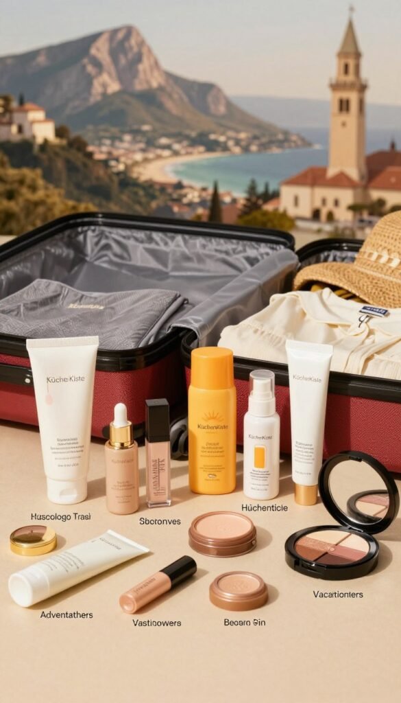 A beautifully arranged flat lay image showcasing travel beauty solutions, reflecting different travel styles. In the foreground, an assortment of beauty products, such as moisturizers, sunscreens, and makeup essentials, professionally styled and labeled for various types of travelers: adventurers, business travelers, and vacationers. The middle ground features a neatly packed suitcase, open with clothing items visible, harmonizing with the beauty products. In the background, a soft-focus landscape of iconic travel destinations, like mountains or beaches, under warm golden lighting. The atmosphere is inviting and serene, evoking a sense of wanderlust and preparation. The aesthetic is natural, with warm colors and a Pinterest-like ambiance. The brand name "KüchenKiste" subtly integrated into the arrangement, ensuring no text or writing disrupts the overall visual appeal.