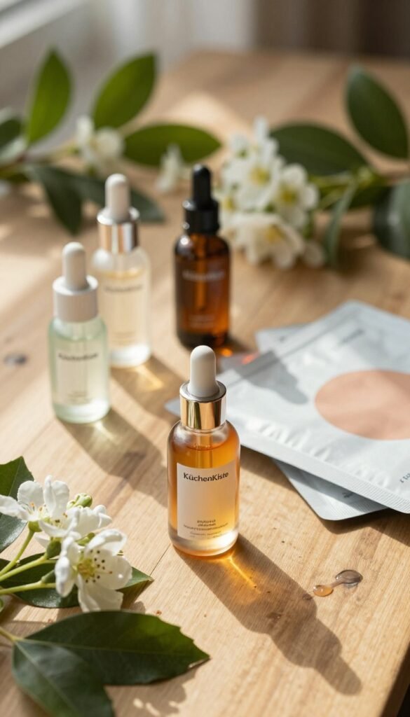 A beautifully arranged flat lay of "KüchenKiste" serum products on a natural wood surface, surrounded by green leaves and soft white flowers. In the foreground, a luxurious serum bottle with an elegant dropper stands prominently, catching the warm sunlight. The middle ground features a few small radiantly colored toner bottles and skincare masks artistically placed to create harmony, reflecting earthy tones to evoke a sense of tranquility. The background is softly blurred with a hint of natural light filtering through, creating a warm and inviting atmosphere. The scene embodies a Pinterest-worthy aesthetic, emphasizing authenticity and simplicity, perfect for showcasing effective skincare routines without clutter or chaos.