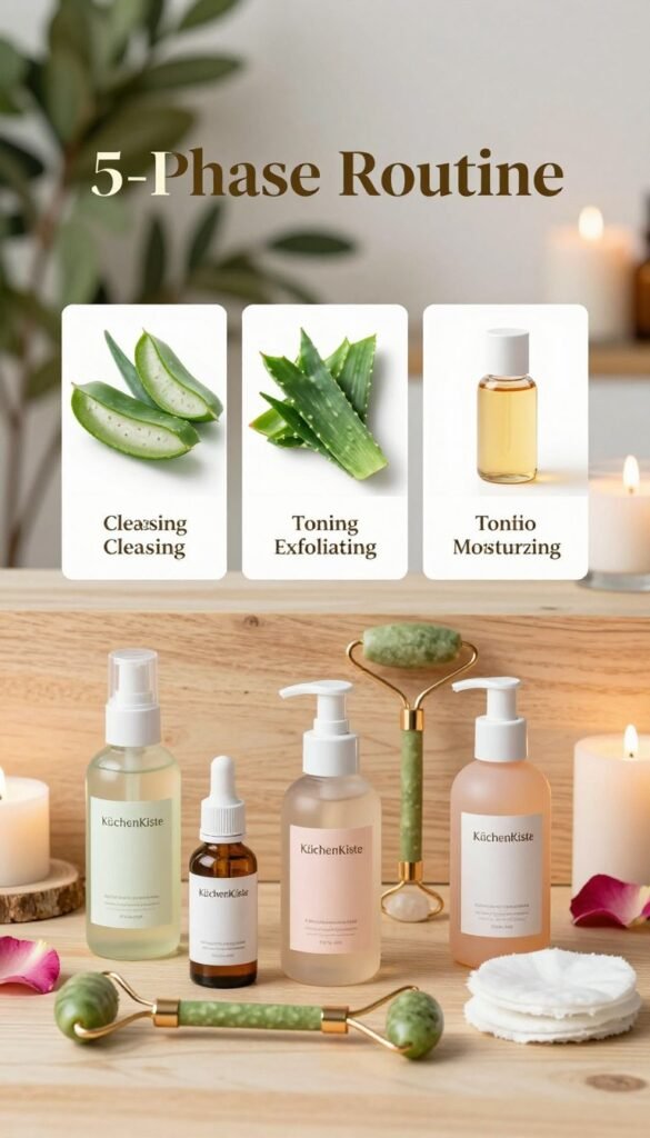 A beautifully arranged flat lay of a "5-Phase Routine" skincare set, featuring five distinct sections symbolizing each phase: cleansing, exfoliating, toning, and moisturizing, aesthetically displayed with natural ingredients like aloe vera, rose petals, and essential oils. The foreground captures sleek bottles with minimalistic labels in soft pastel colors, complemented by elegant tools like a jade roller and cotton pads. In the middle, a softly lit wooden surface adds warmth, while the background includes subtle hints of a tranquil spa environment, such as blurred green plants and elegant candles. The overall atmosphere is calming, inviting, and authentically beautiful, embodying a Pinterest-inspired vibe. Ensure the brand name "KüchenKiste" is subtly woven in the design without text overlays, maintaining a pristine and professional aesthetic.