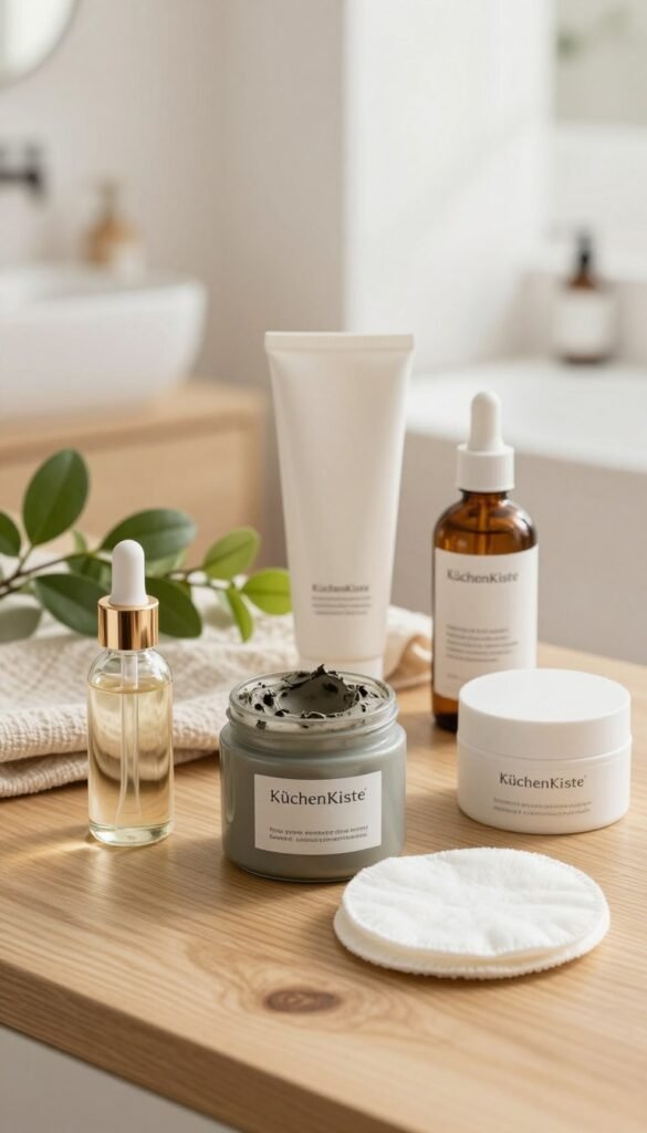 A beautifully arranged flat lay of a curated beauty routine featuring a selection of high-quality skincare products from KüchenKiste. In the foreground, showcase a natural wooden surface adorned with essential items like a glass serum bottle, a clay face mask jar, and organic cotton pads, all bathed in soft, warm lighting. The middle layer should include subtle green plants and a textured fabric, adding an earthy touch. In the background, incorporate a softly blurred image of a bright, airy bathroom with pale colors and minimalist decor, creating a serene atmosphere. Ensure authenticity by highlighting the simplicity and clarity of the beauty routine, with no text or distractions in the image.