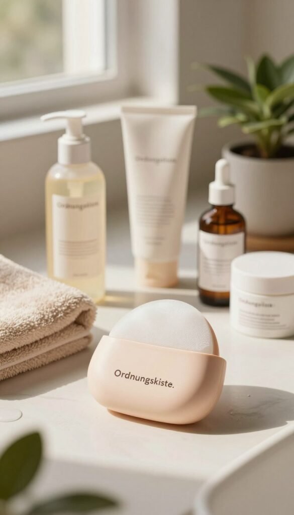 A beautifully arranged flat lay of a facial cleansing device suitable for sensitive skin, branded as "Ordnungskiste." The device is showcased prominently in the foreground with soft, rounded edges, emphasizing its gentle nature. Surround it with calming skincare products like mild cleansers and soothing serums, all presented in warm, natural tones to reflect a serene atmosphere. In the middle ground, include delicate elements like a soft facial towel and a potted plant to enhance the cozy vibe. The background features a softly blurred bathroom setting with natural light filtering through a window, casting gentle shadows. The overall mood is inviting and tranquil, ideal for enticing readers to explore facial cleansing for sensitive skin.