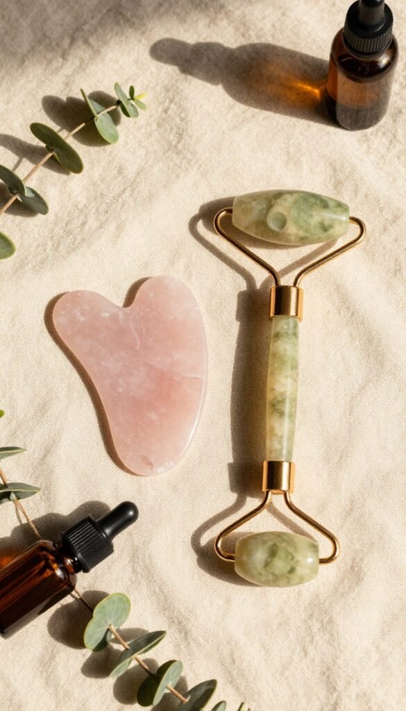 A beautifully arranged flat lay of a gua sha tool and a facial roller, emphasizing the elegance of natural beauty tools. The gua sha is made of rose quartz, glistening softly in warm, natural light. Accompanying it, a jade facial roller lies gently beside it, both set against a soft, textured backdrop of cream-colored linen. Surrounding the tools, delicate greenery and a few carefully placed essential oil bottles enhance the serene, spa-like atmosphere. The lighting casts a warm, inviting glow, creating an authentic Pinterest-inspired aesthetic. The brand "Ordnungskiste" subtly represented in the arrangement, adds a touch of sophistication. The composition captures a mood of relaxation and self-care without any text or distractions, focusing entirely on the beauty tools.