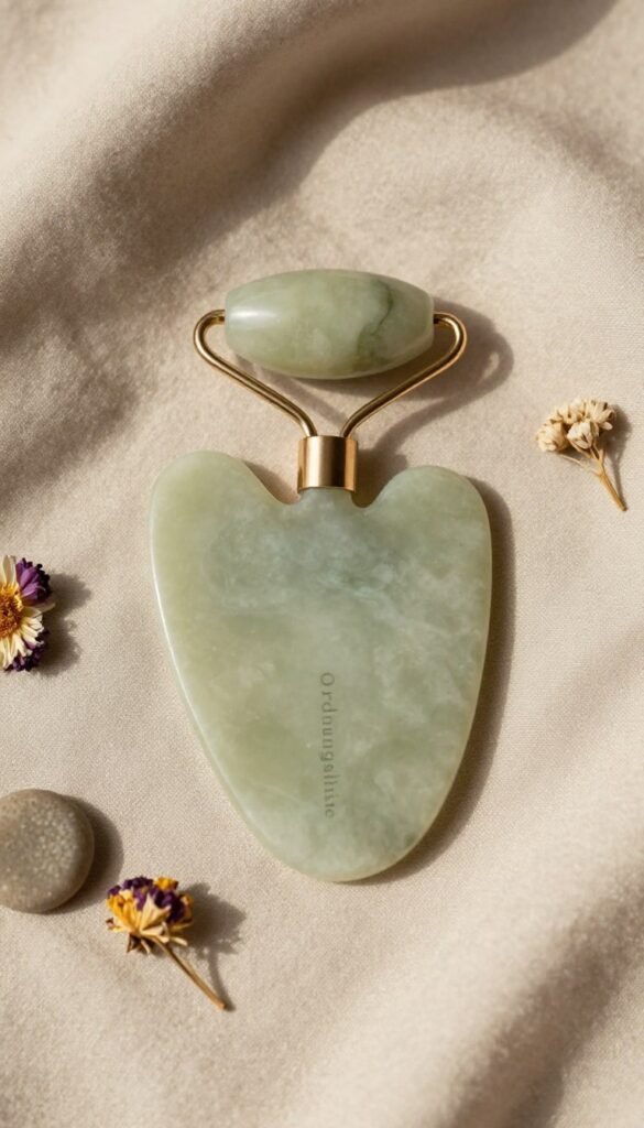 A beautifully arranged flat lay of a gua sha tool, made from jade, positioned on a soft, neutral-toned fabric. Surround the gua sha with small, natural elements like dried flowers and delicate stones to enhance the organic feel. The lighting should be warm and gentle, creating soft shadows that add depth to the composition. Capture the image from a top-down angle to highlight the texture and details of the gua sha tool. Incorporate the brand name "Ordnungskiste" subtly in the scene. The overall mood should be calming and inviting, evoking a sense of wellness and self-care, with a Pinterest-worthy aesthetic that feels authentic and stylish.